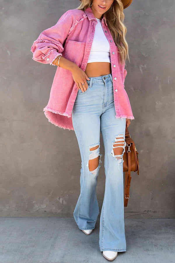 Oversized Denim Jacket with Fringe Detail Women
