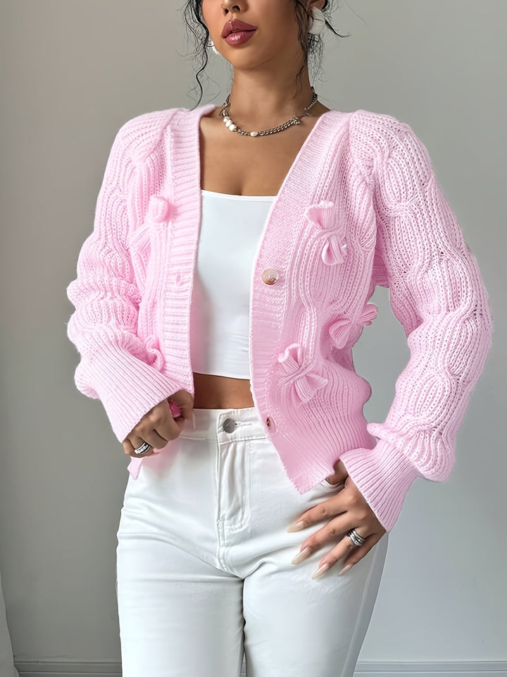 Women Cable Knit Bow Detail Cardigan Long Sleeve