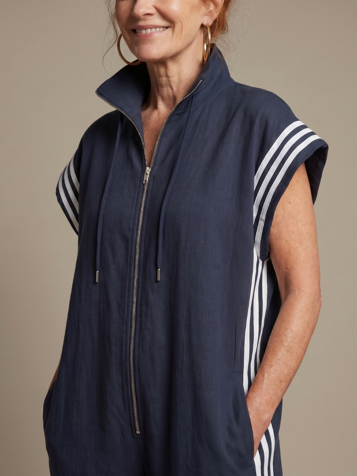 Zip Front Stripe Panel Jumpsuit Relaxed Fit Women