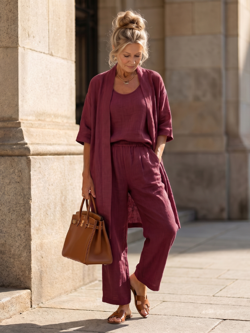Womens Three Piece Relaxed Wide Leg Pants Set