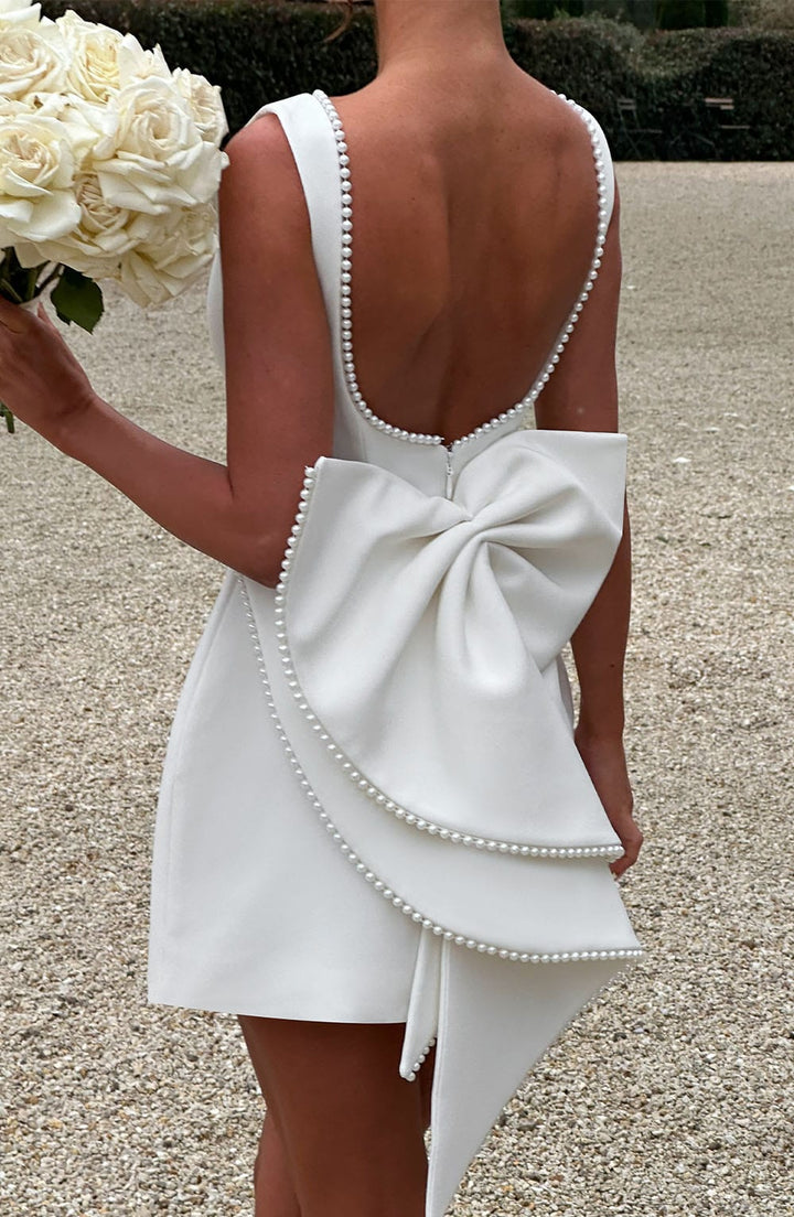 Women A-Line Mini Dress with Pearl Trim and Bow