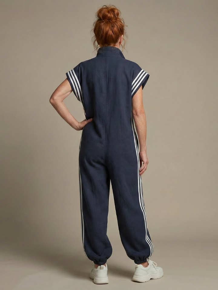 Zip Front Stripe Panel Jumpsuit Relaxed Fit Women
