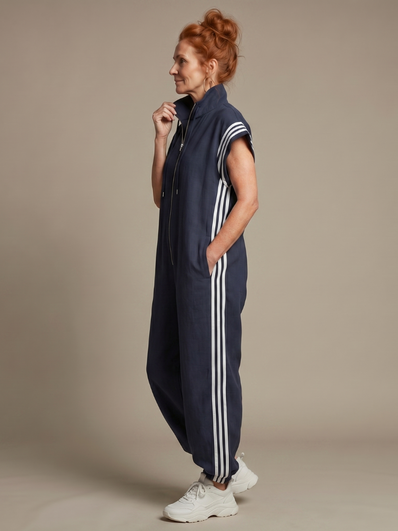 Zip Front Stripe Panel Jumpsuit Relaxed Fit Women