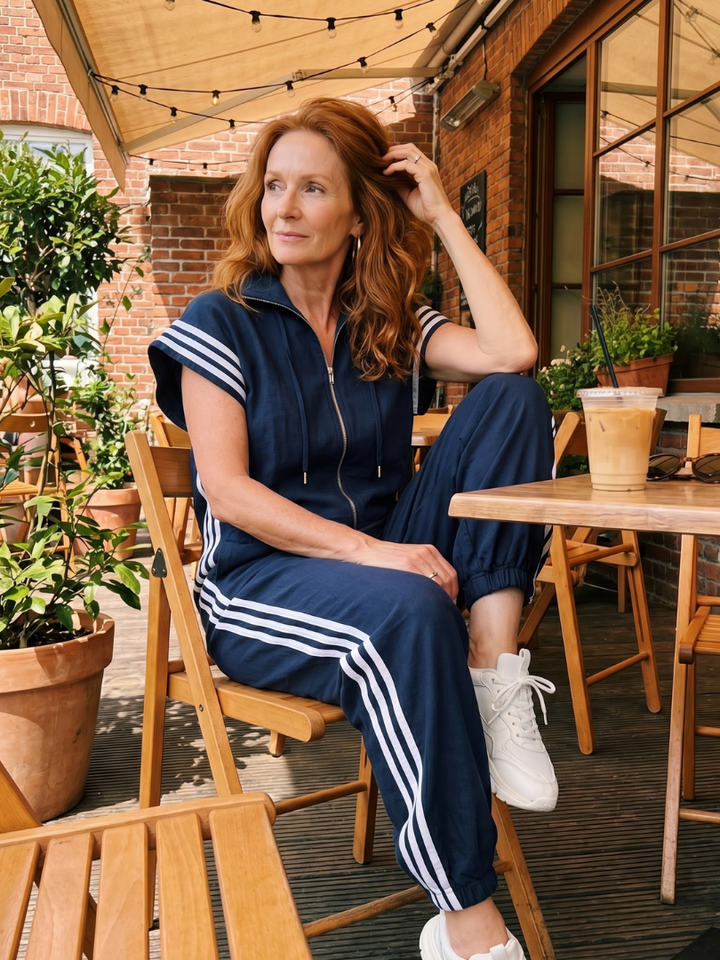 Zip Front Stripe Panel Jumpsuit Relaxed Fit Women