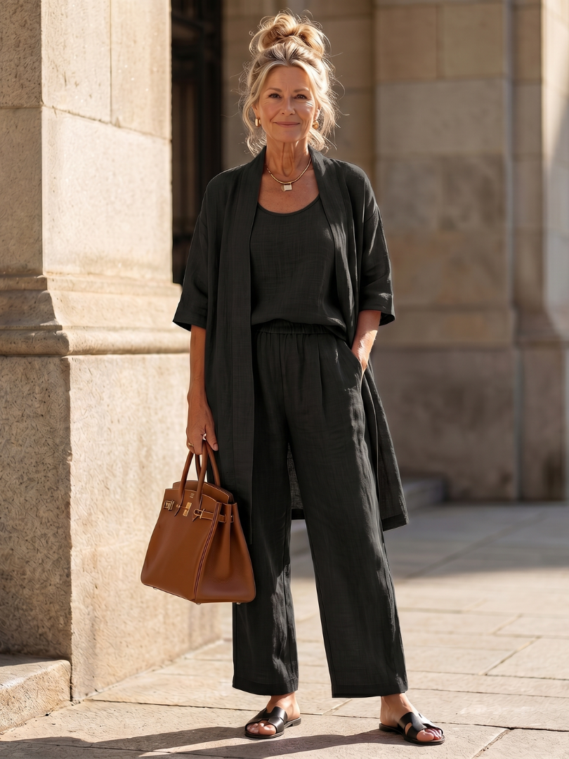 Womens Three Piece Relaxed Wide Leg Pants Set