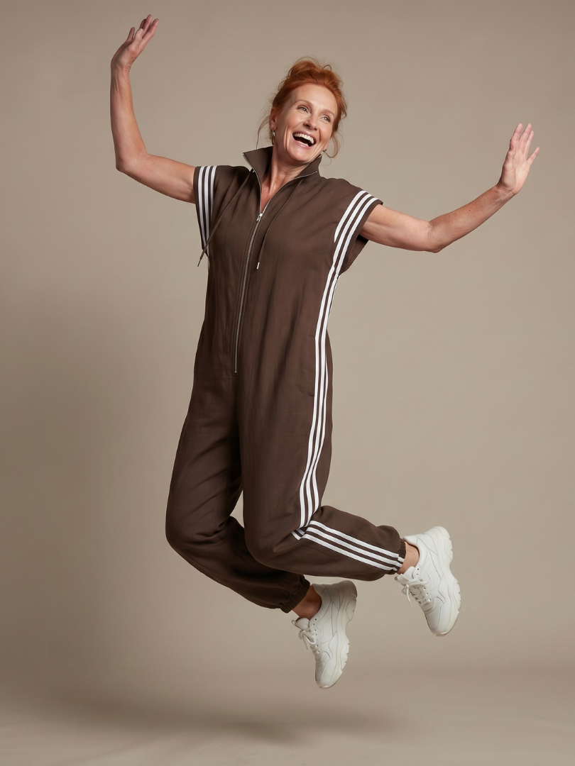 Zip Front Stripe Panel Jumpsuit Relaxed Fit Women