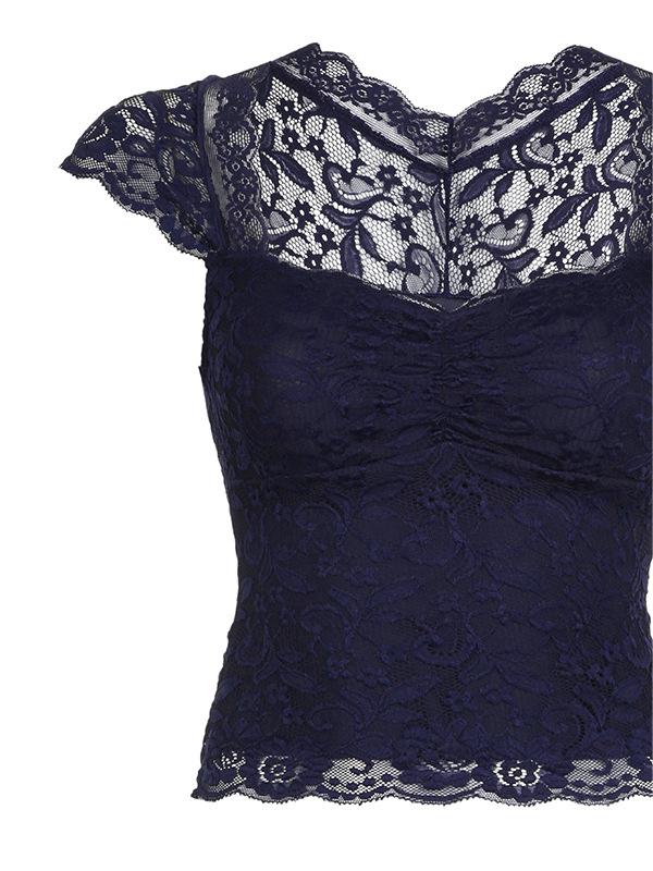 Vintage Lace Short Sleeve Top Dark Blue Women