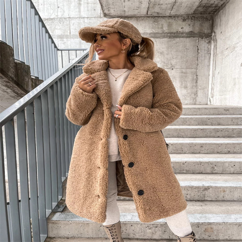 Womens Longline Teddy Bear Coat Notched Collar