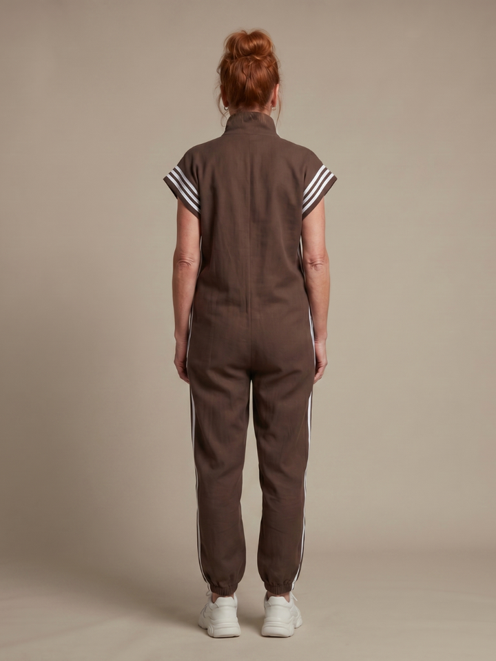 Zip Front Stripe Panel Jumpsuit Relaxed Fit Women