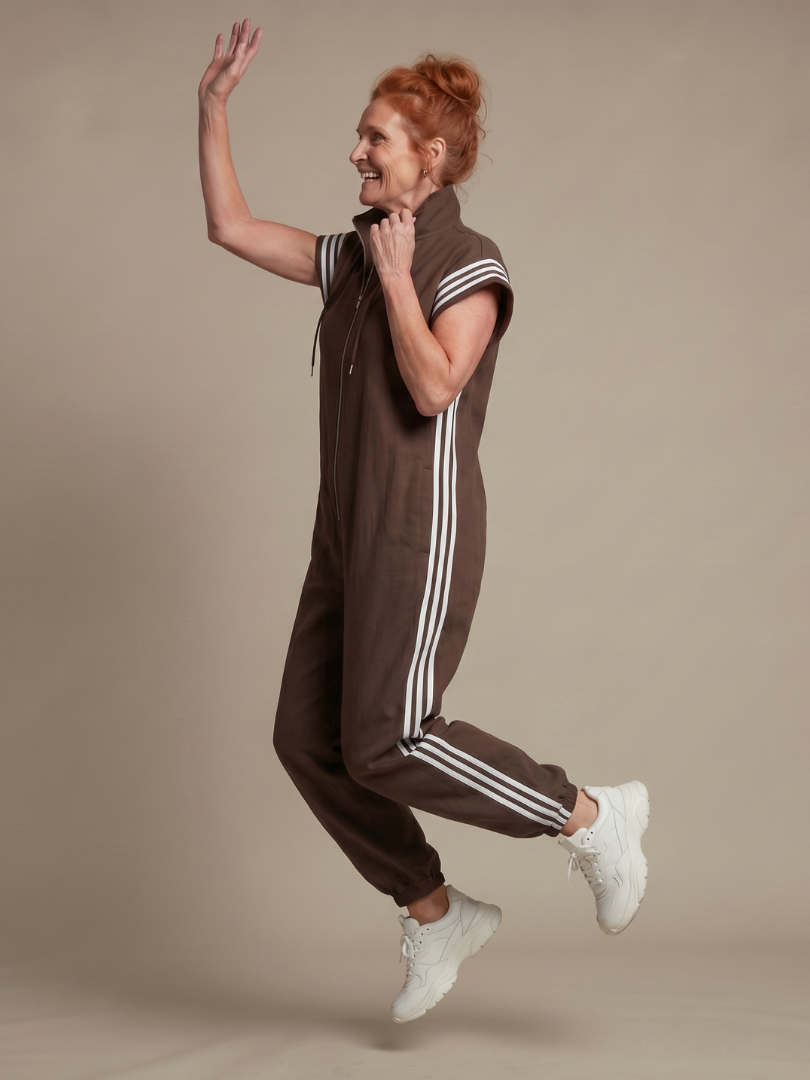 Zip Front Stripe Panel Jumpsuit Relaxed Fit Women