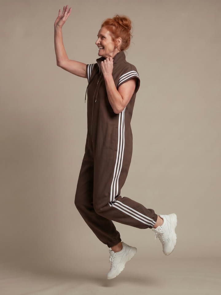 Zip Front Stripe Panel Jumpsuit Relaxed Fit Women