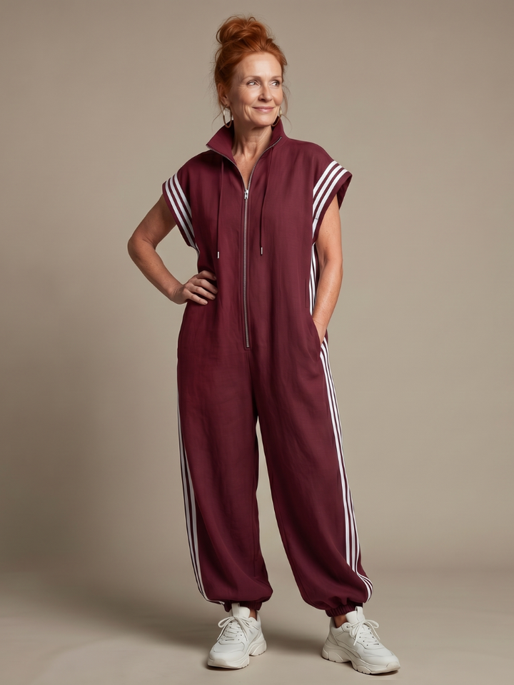 Zip Front Stripe Panel Jumpsuit Relaxed Fit Women