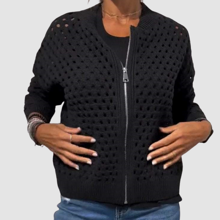 Women Hollow Knit Zip Cardigan Cotton Blend