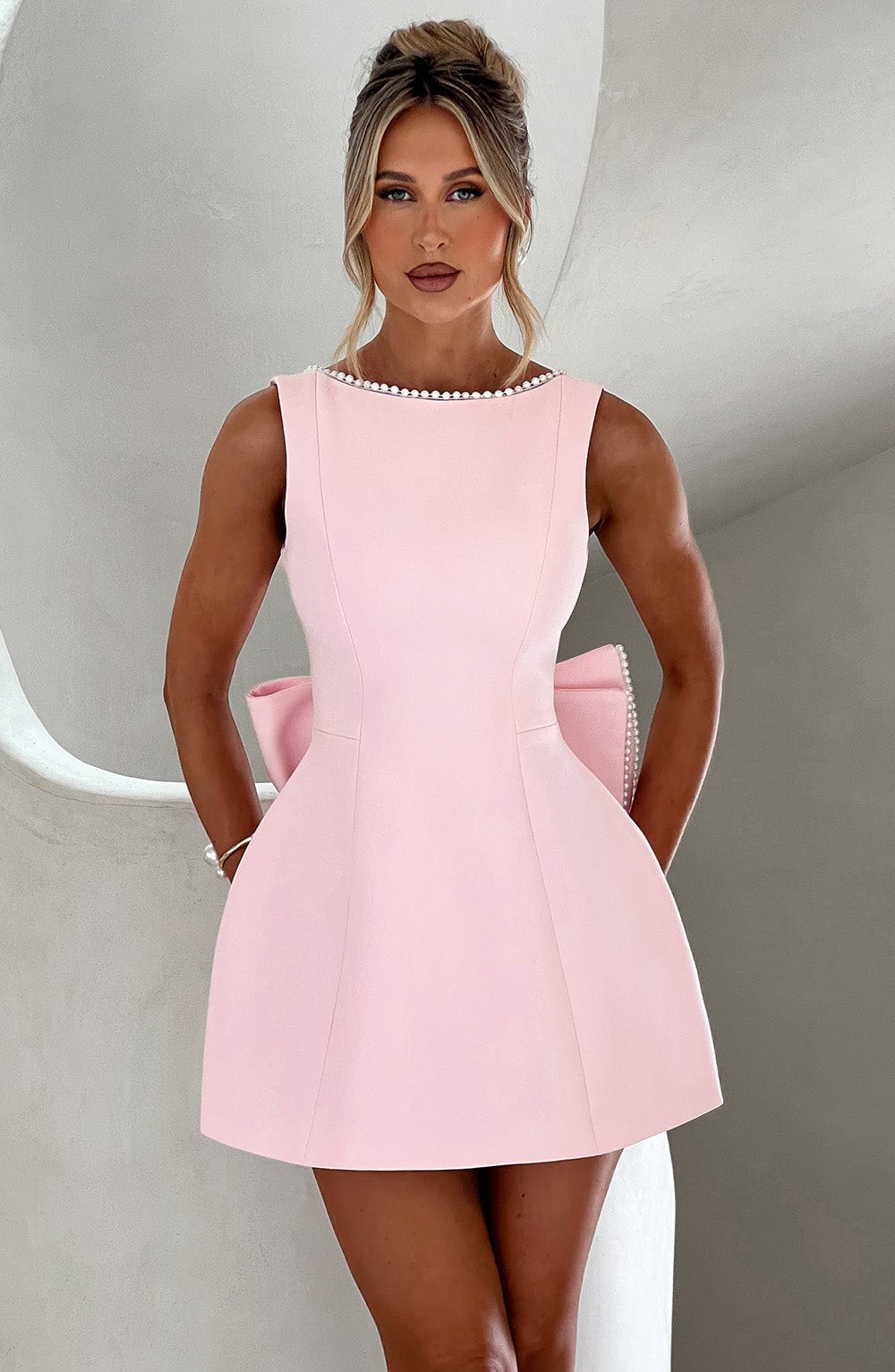 Women A-Line Mini Dress with Pearl Trim and Bow