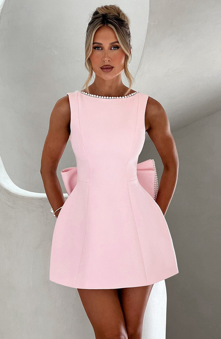 Women A-Line Mini Dress with Pearl Trim and Bow