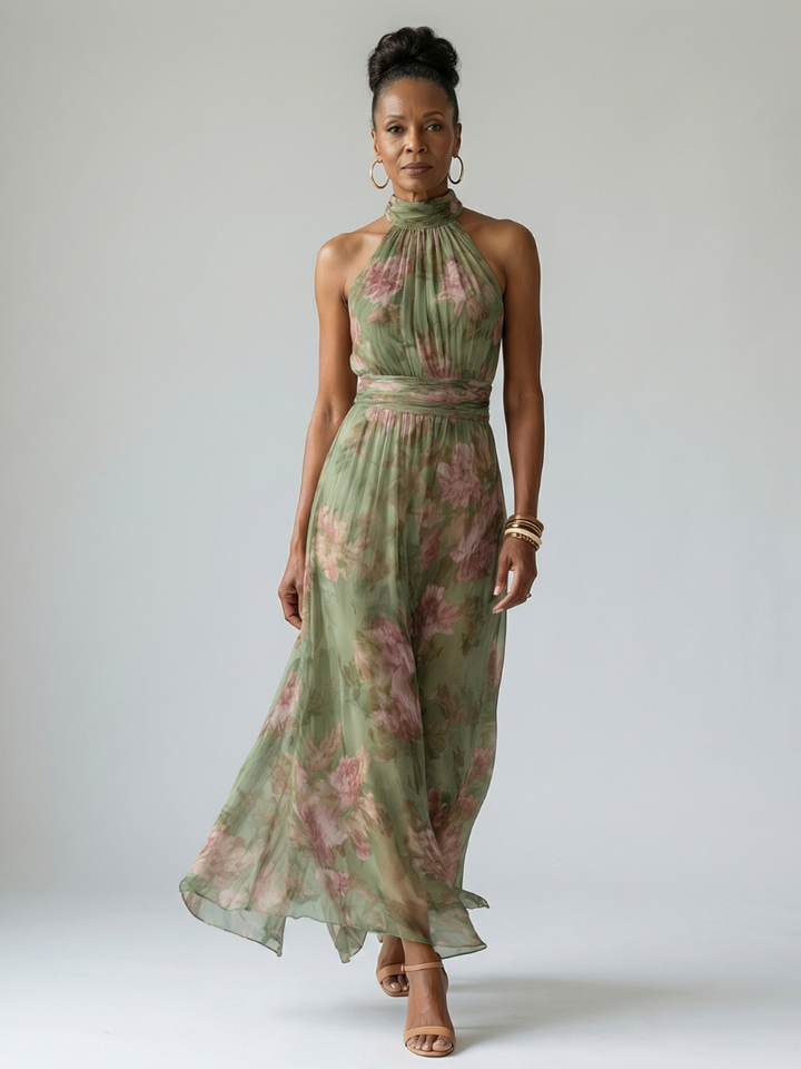 Floral Halter Midi Dress Gathered Bodice Women