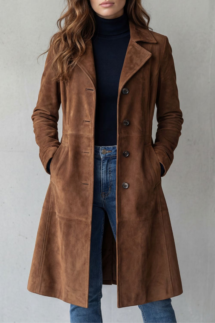 Women's Longline Suede-Effect Coat Vintage Tailored