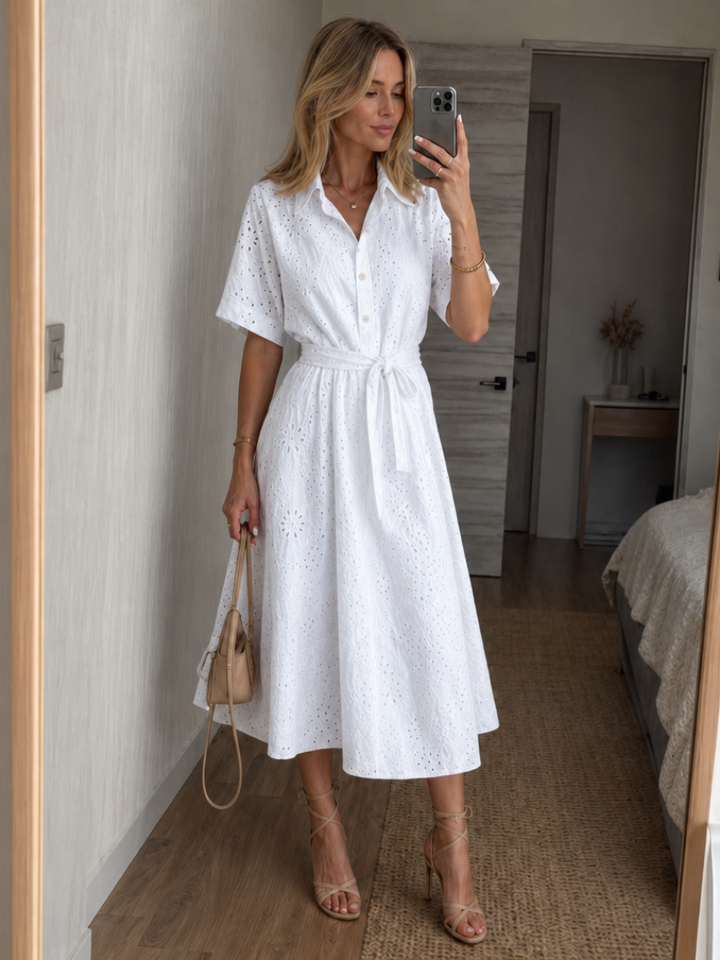 Cotton Blend Midi Dress Short Sleeve Button Front Women