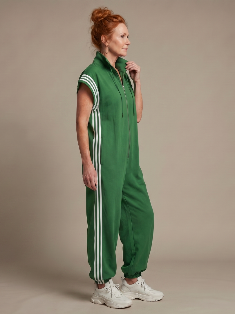 Zip Front Stripe Panel Jumpsuit Relaxed Fit Women