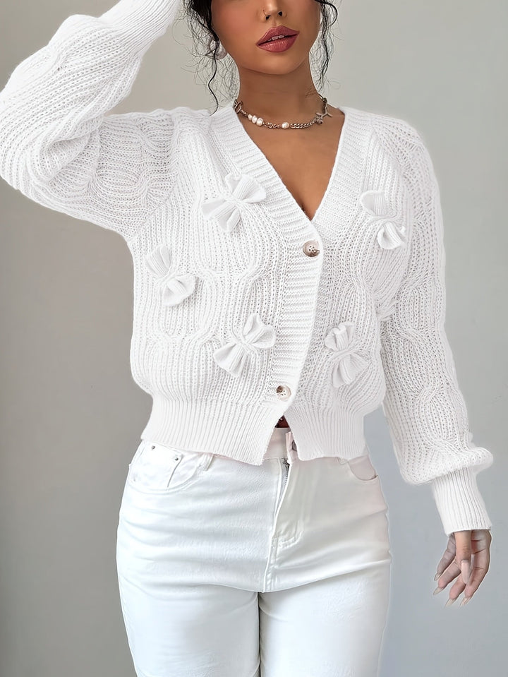 Women Cable Knit Bow Detail Cardigan Long Sleeve
