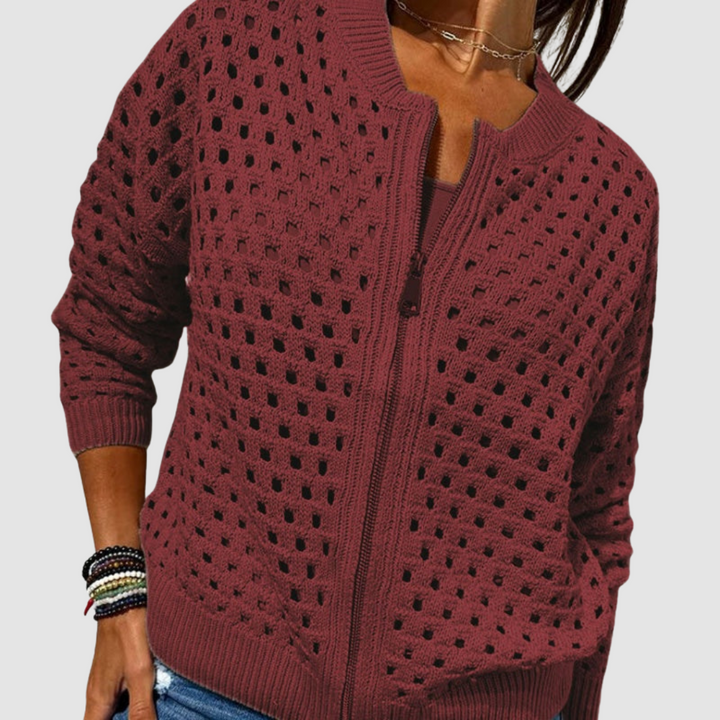 Women Hollow Knit Zip Cardigan Cotton Blend