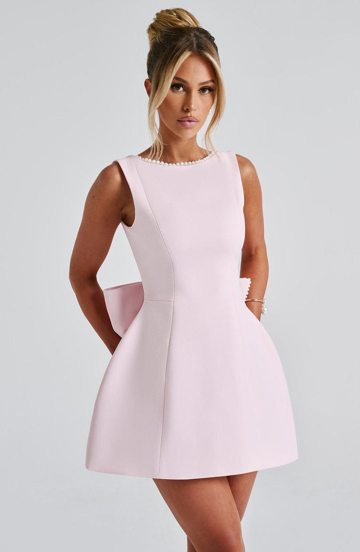 Women A-Line Mini Dress with Pearl Trim and Bow
