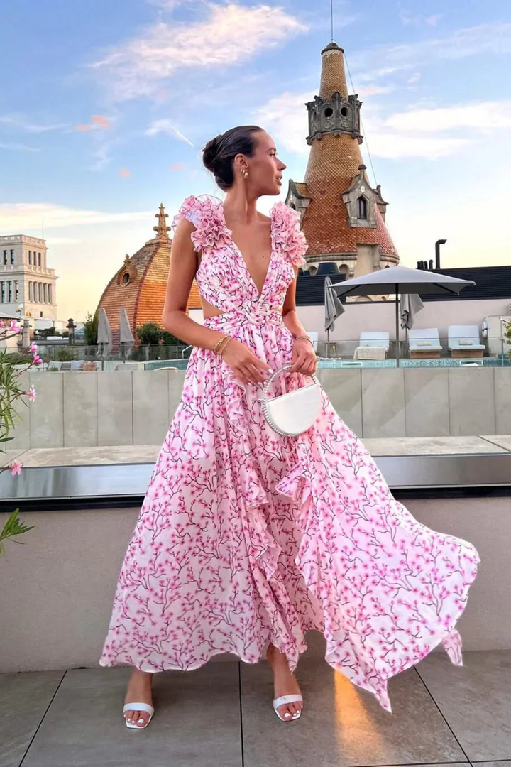 Floral Maxi Dress V-Neck Ruffles Wedding Guest Women