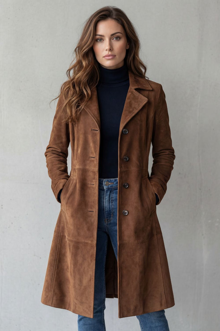 Women's Longline Suede-Effect Coat Vintage Tailored