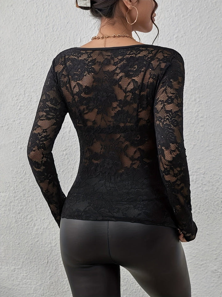 Womens Long Sleeve Lace Blouse with Sheer Details