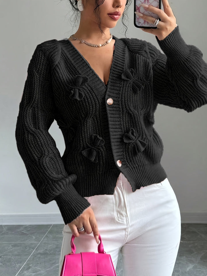 Women Cable Knit Bow Detail Cardigan Long Sleeve