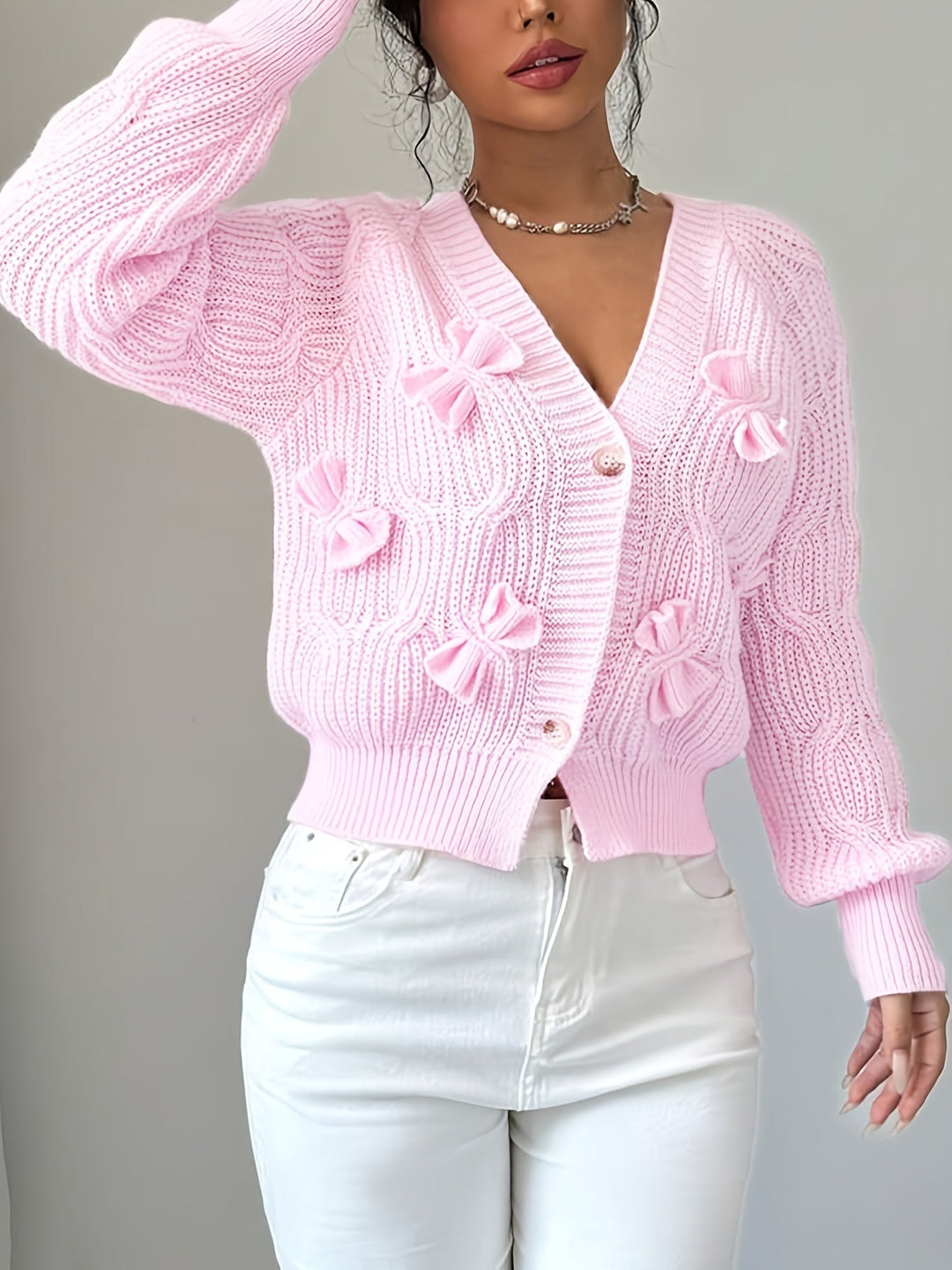Women Cable Knit Bow Detail Cardigan Long Sleeve