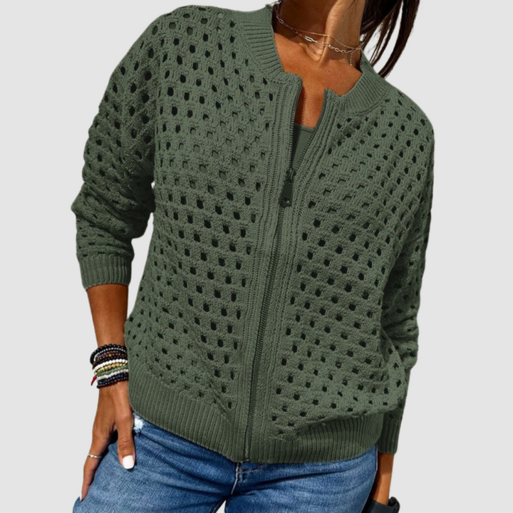 Women Hollow Knit Zip Cardigan Cotton Blend
