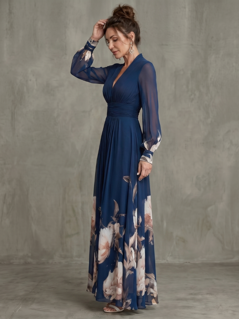 Pleated Sheer Sleeve Maxi Dress for Women