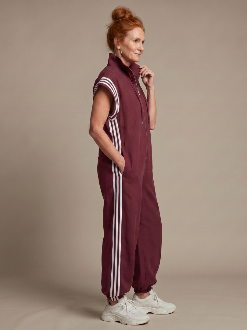 Zip Front Stripe Panel Jumpsuit Relaxed Fit Women