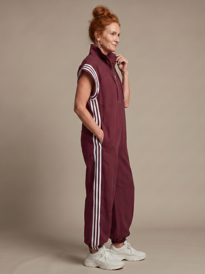 Zip Front Stripe Panel Jumpsuit Relaxed Fit Women