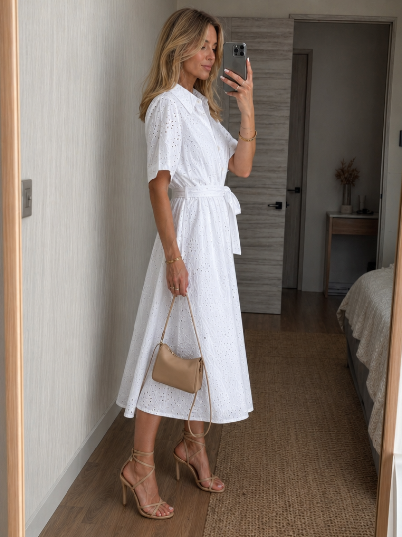 Cotton Blend Midi Dress Short Sleeve Button Front Women