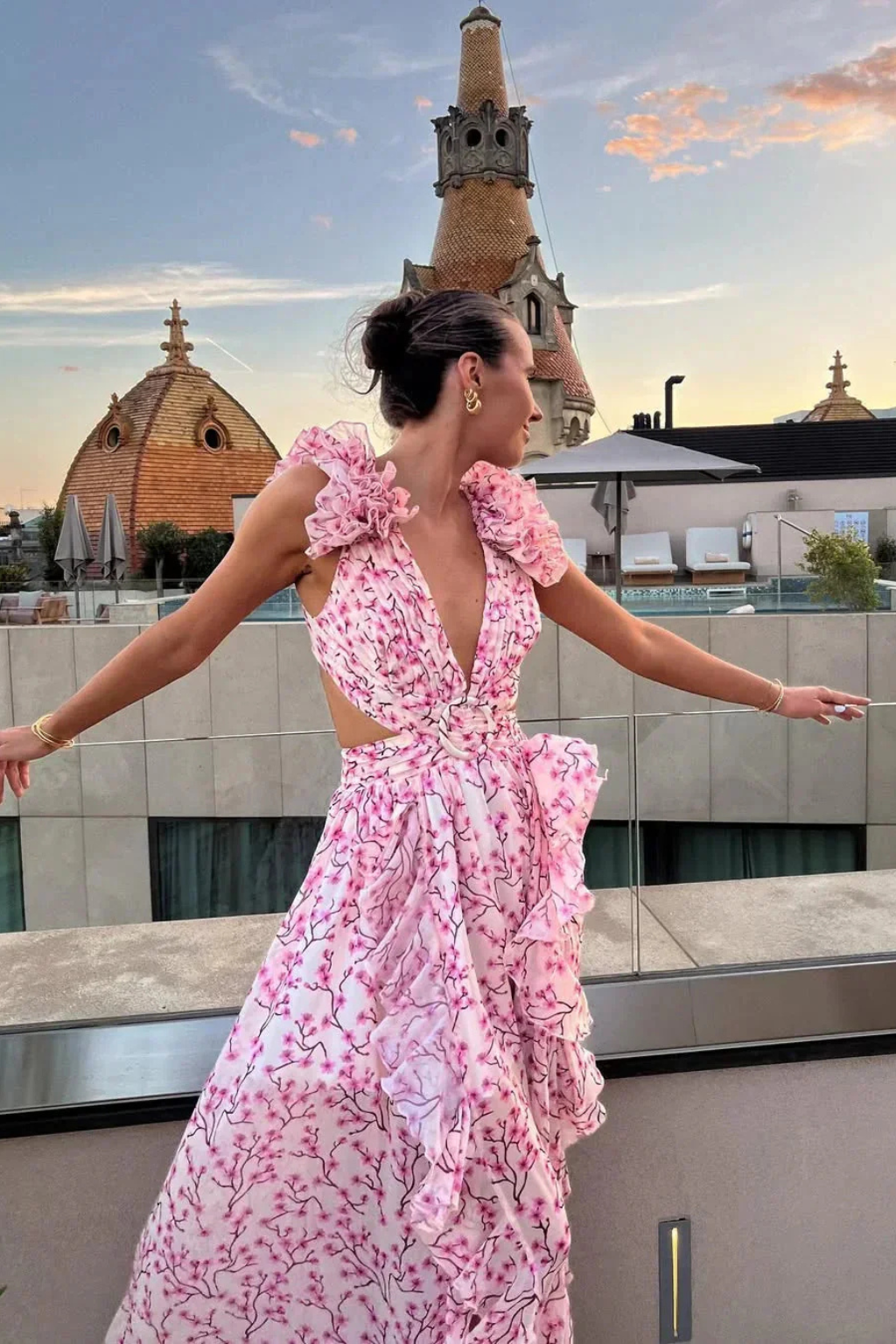 Floral Maxi Dress V-Neck Ruffles Wedding Guest Women