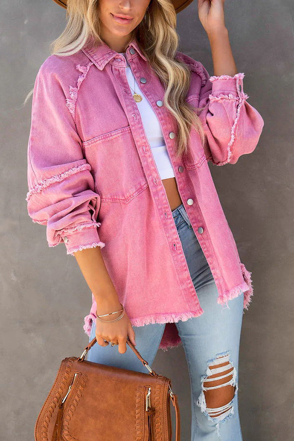 Oversized Denim Jacket with Fringe Detail Women