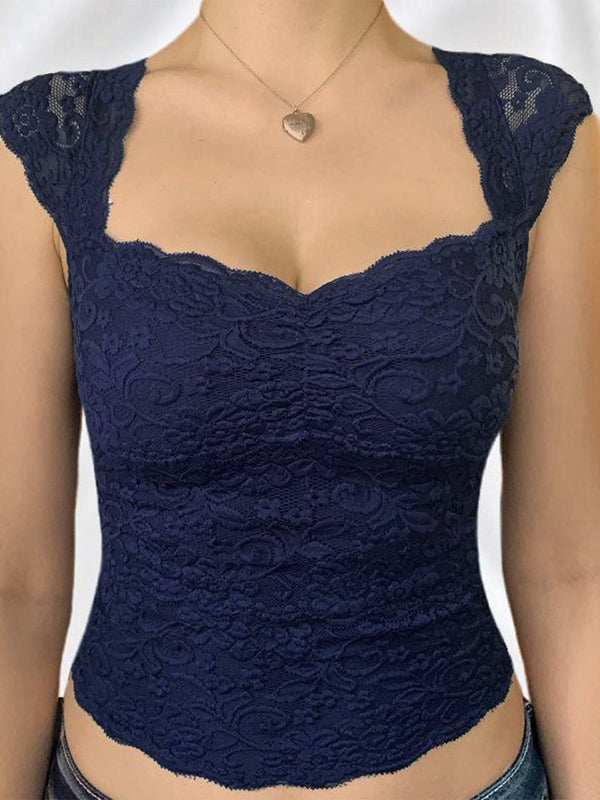 Vintage Lace Short Sleeve Top Dark Blue Women