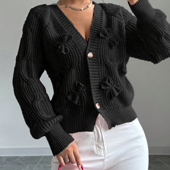Women Cable Knit Bow Detail Cardigan Long Sleeve