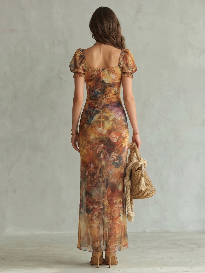 Ruched Midi Dress Ruffled Sleeves Front Slit Women