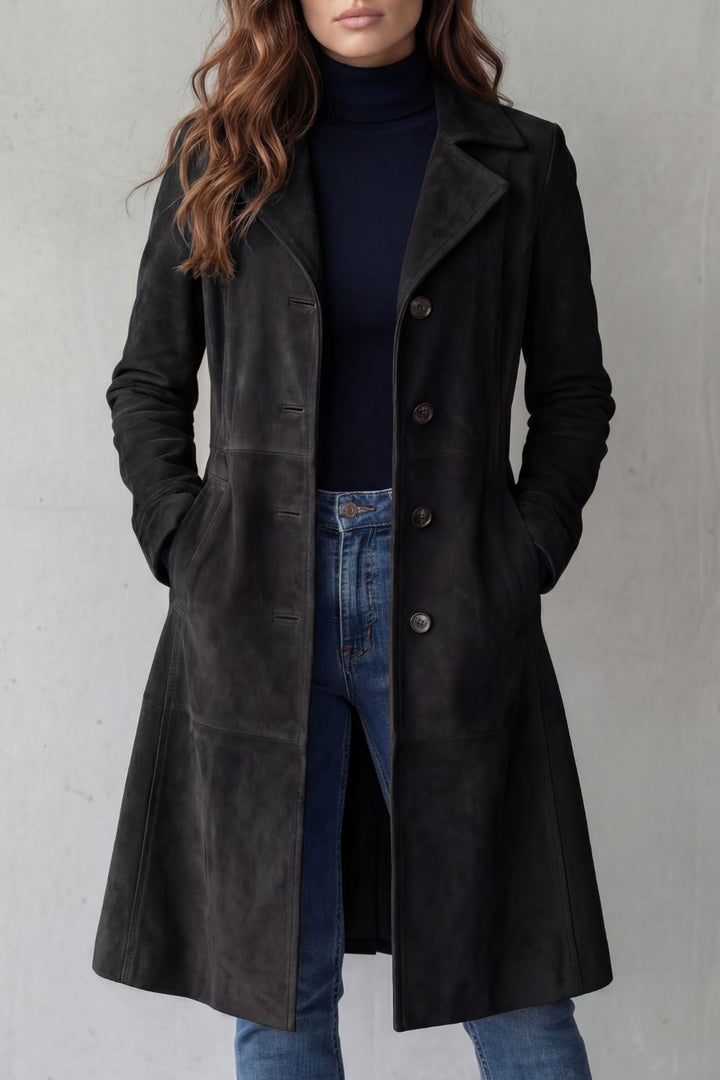 Women's Longline Suede-Effect Coat Vintage Tailored