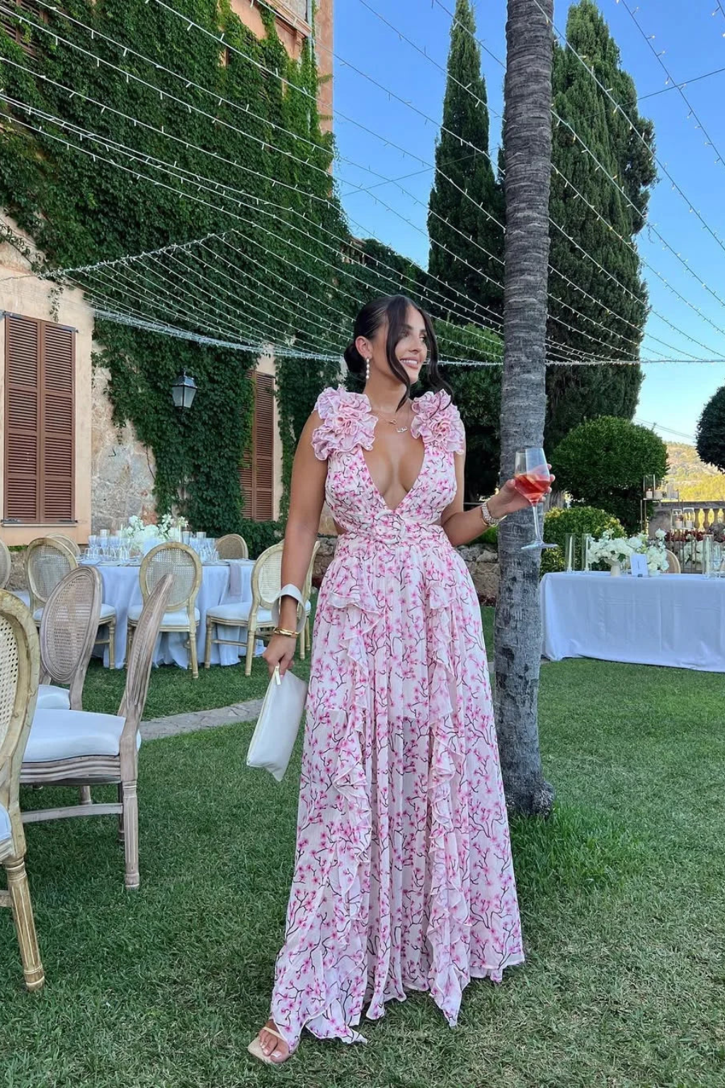 Floral Maxi Dress V-Neck Ruffles Wedding Guest Women