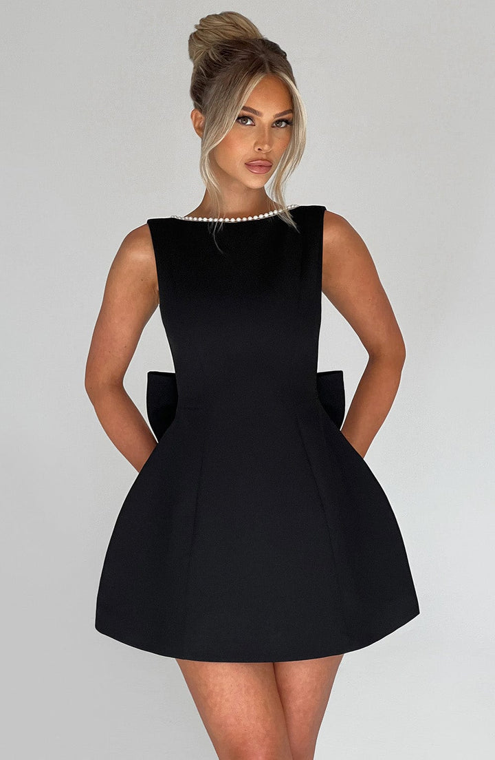 Women A-Line Mini Dress with Pearl Trim and Bow