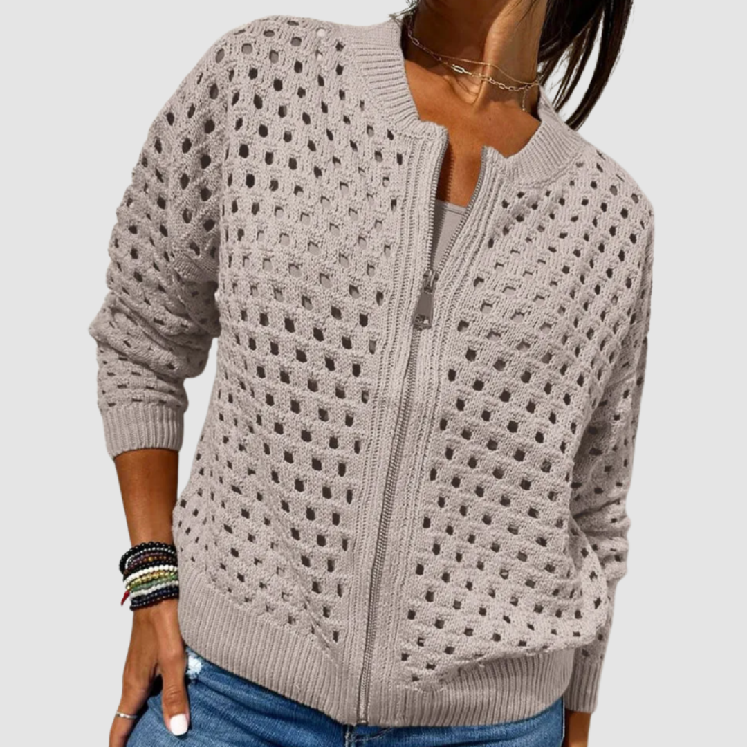 Women Hollow Knit Zip Cardigan Cotton Blend