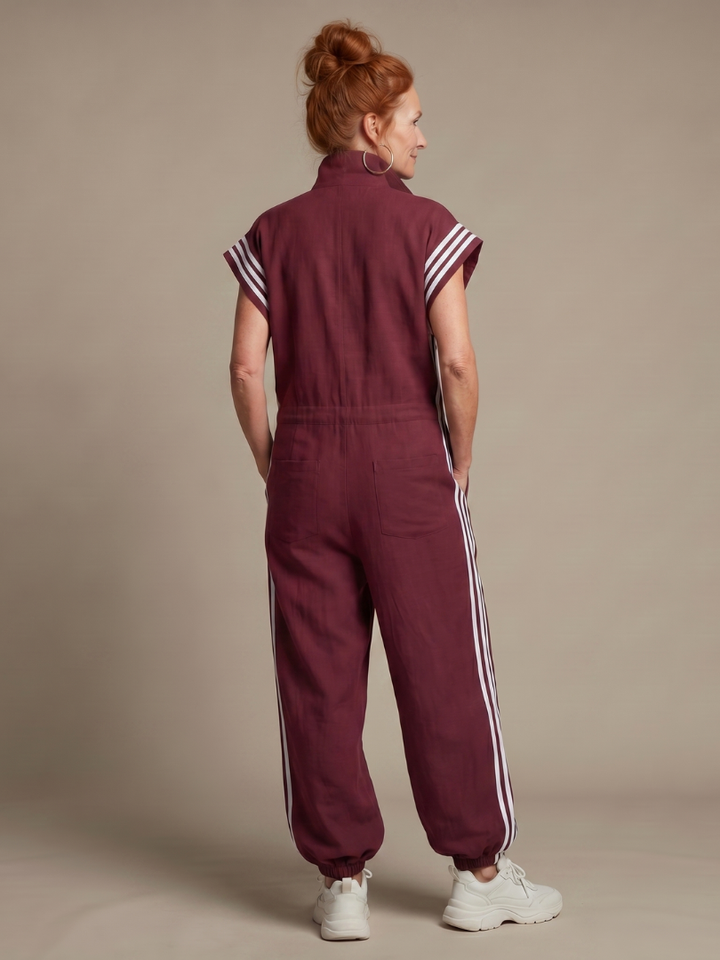 Zip Front Stripe Panel Jumpsuit Relaxed Fit Women