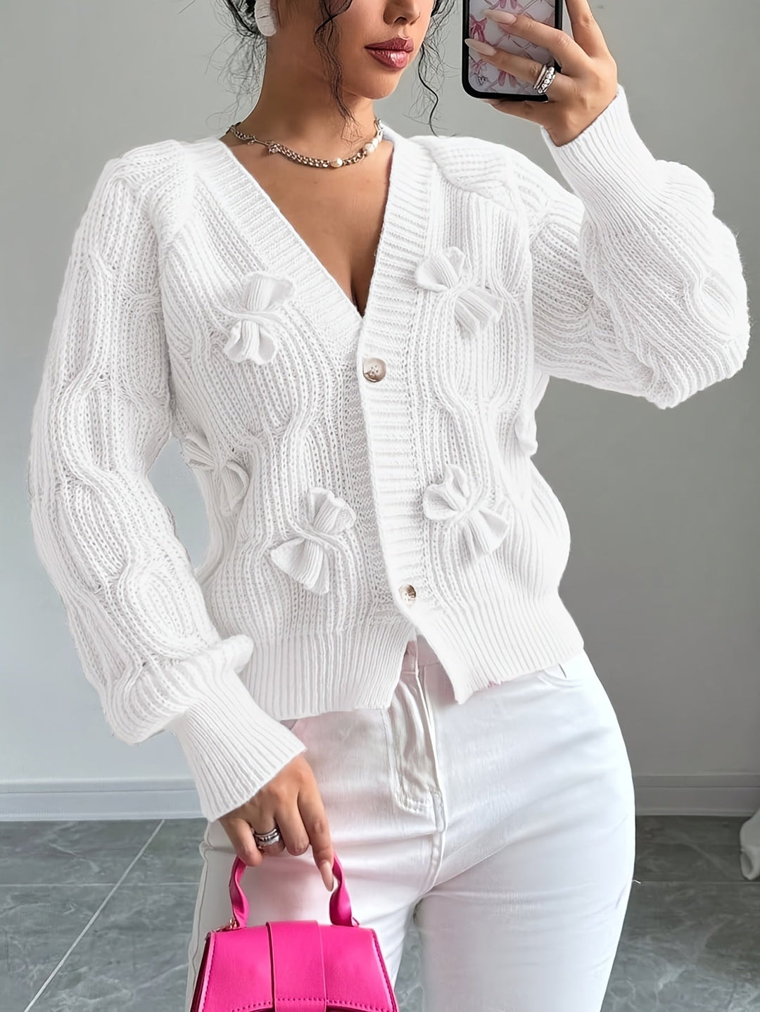 Women Cable Knit Bow Detail Cardigan Long Sleeve
