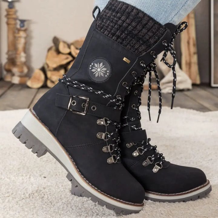 Faux Leather Knit-Cuff Snow Boots Women Winter