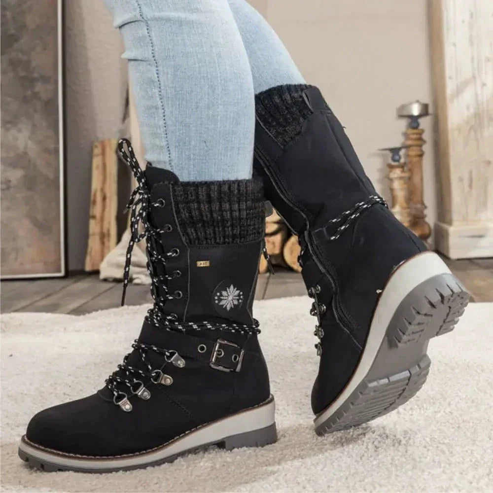 Faux Leather Knit-Cuff Snow Boots Women Winter