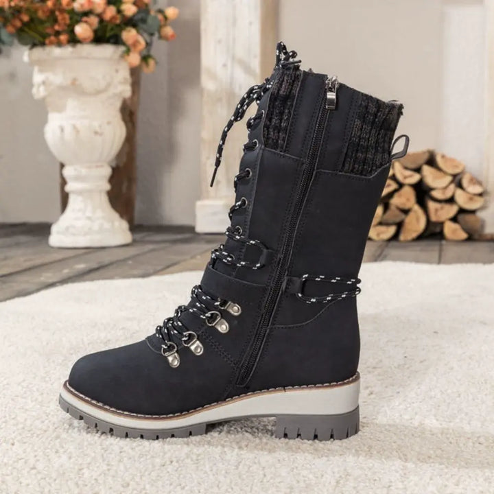 Faux Leather Knit-Cuff Snow Boots Women Winter